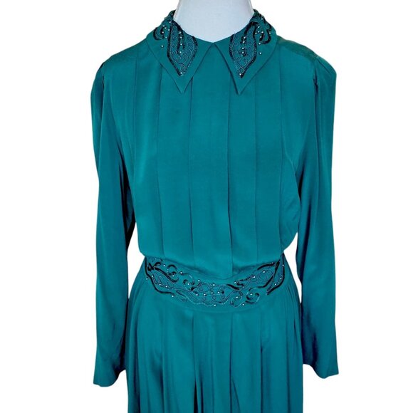 80s Womens Green Maxi Dress Pleated Collar Beaded Blouson Secretary Sz 8 Rayon - Picture 3 of 11